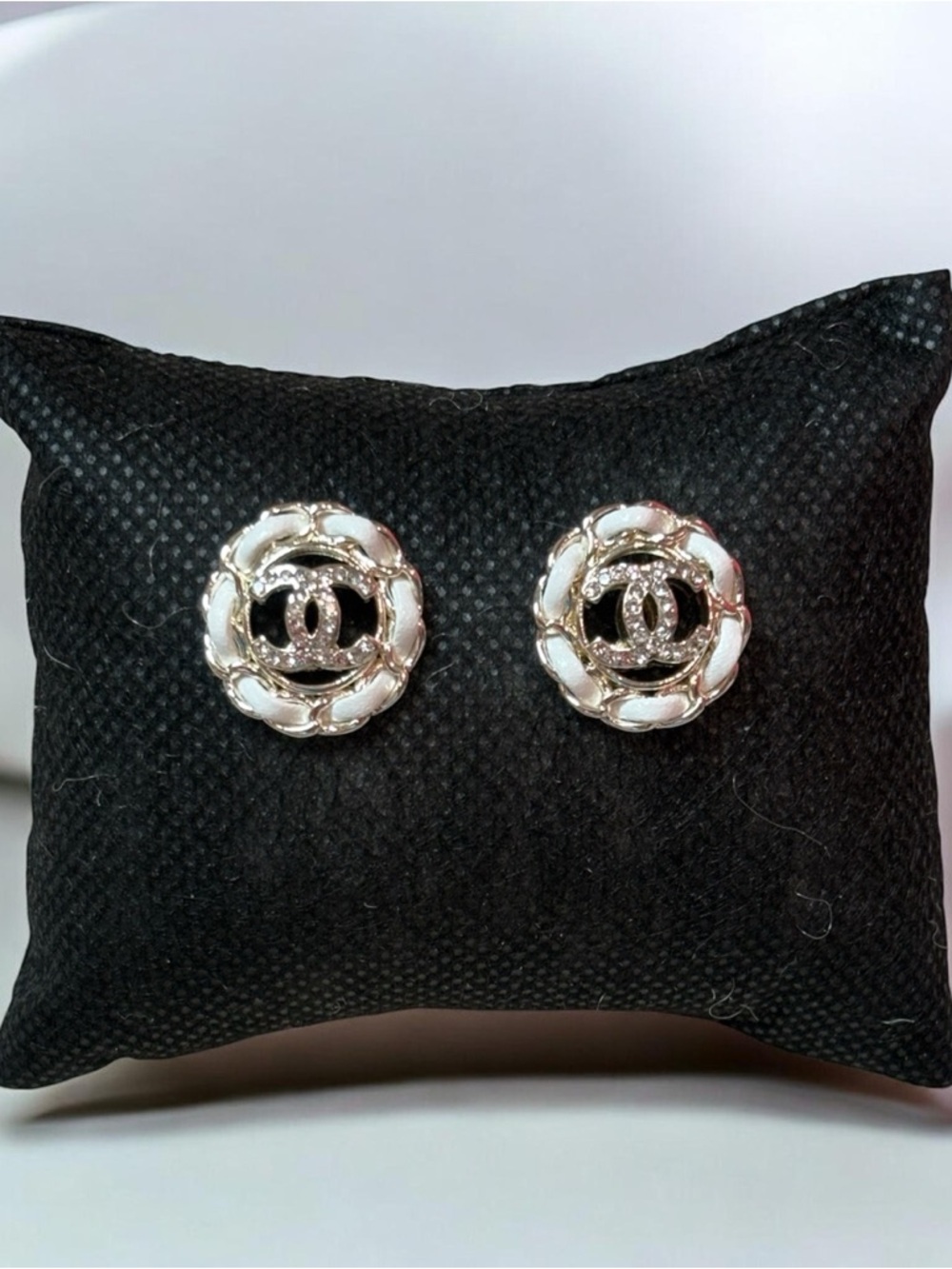 CC Upcycled Stamped White and Gold Interlocking Circle Stud Earrings